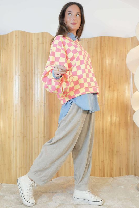 Check Mate Lantern Sleeve Sweat Hot Pink Yellow